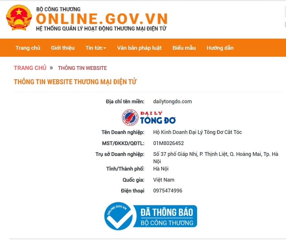 Đại Lý Tông Đơ chính thức được duyệt hồ sơ tại Cục Thương mại điện tử và Kinh tế số – Bộ Công Thương 16 - thong bao website